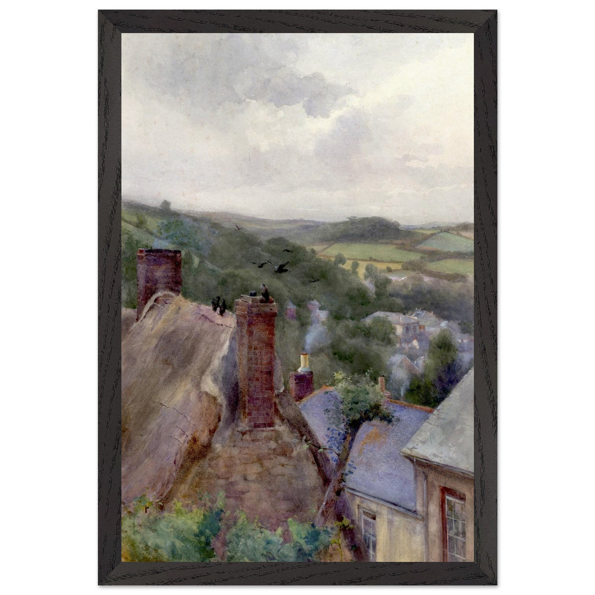 Rooftops, Thomastown, Kilkenny by Mildred Anne Butler print framed in black solid wood