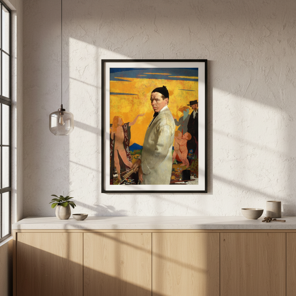 Self-Portrait painting 'Sowing New Seed' – William Orpen — framed, in a Scandinavian kitchen
