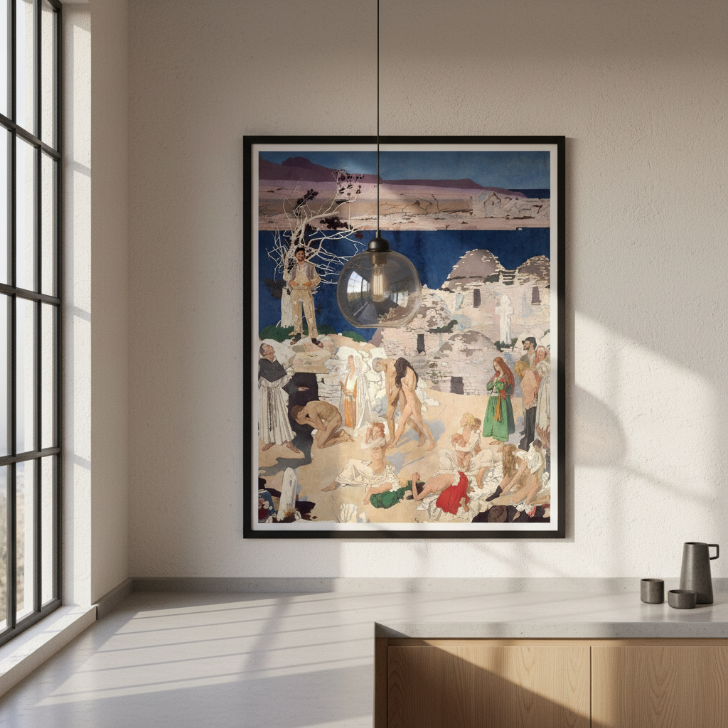 The Holy Well by William Orpen — framed, in a Scandinavian kitchen