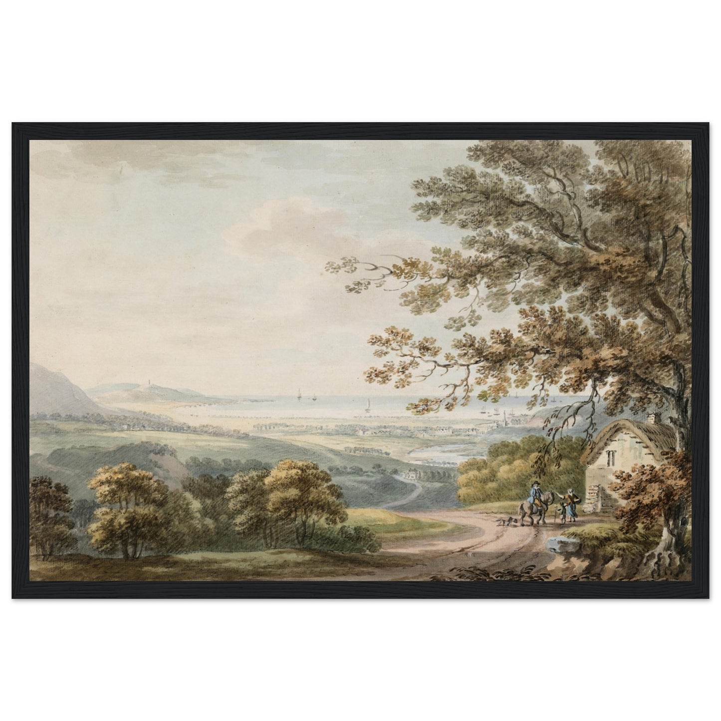 Antique Irish landscape framed print of Bray, County Wicklow, looking towards Killiney Bay by Thomas Sautelle Roberts, c.1800.