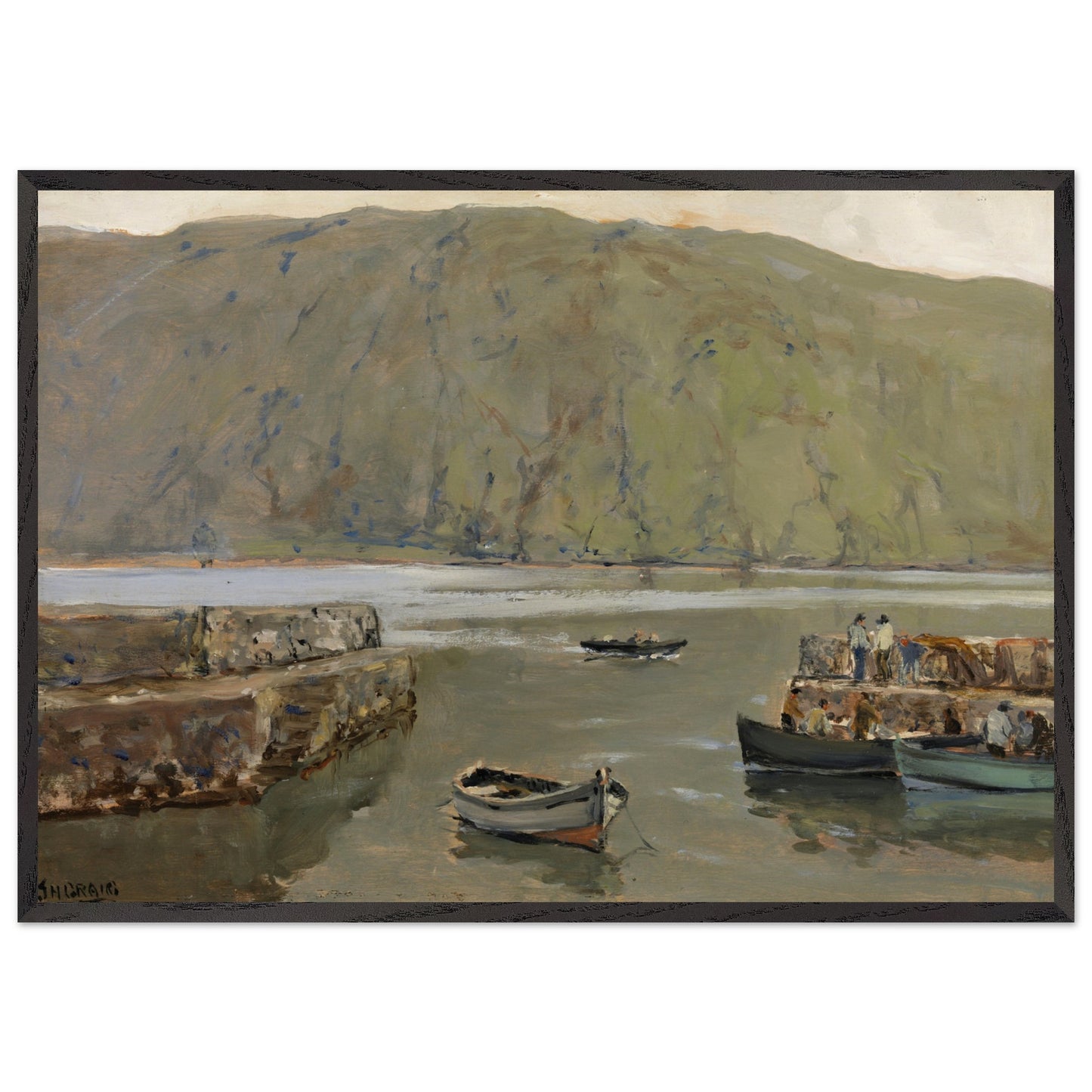 Collector’s Edition framed Irish landscape art print of The Harbour, Leenane by James Humbert Craig in black frame
