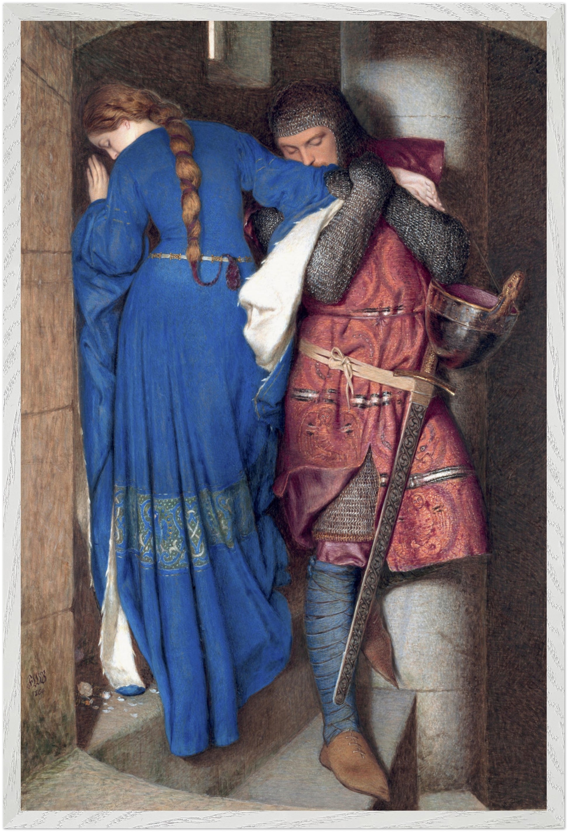 Large framed art print of The Meeting on the Turret Stairs by Frederic William Burton in white gallery frame, 60×90 cm