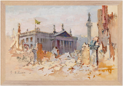 The Ruins of O’Connell Street, 1916, framed Irish historical art print in wood gallery frame, 30×45 cm