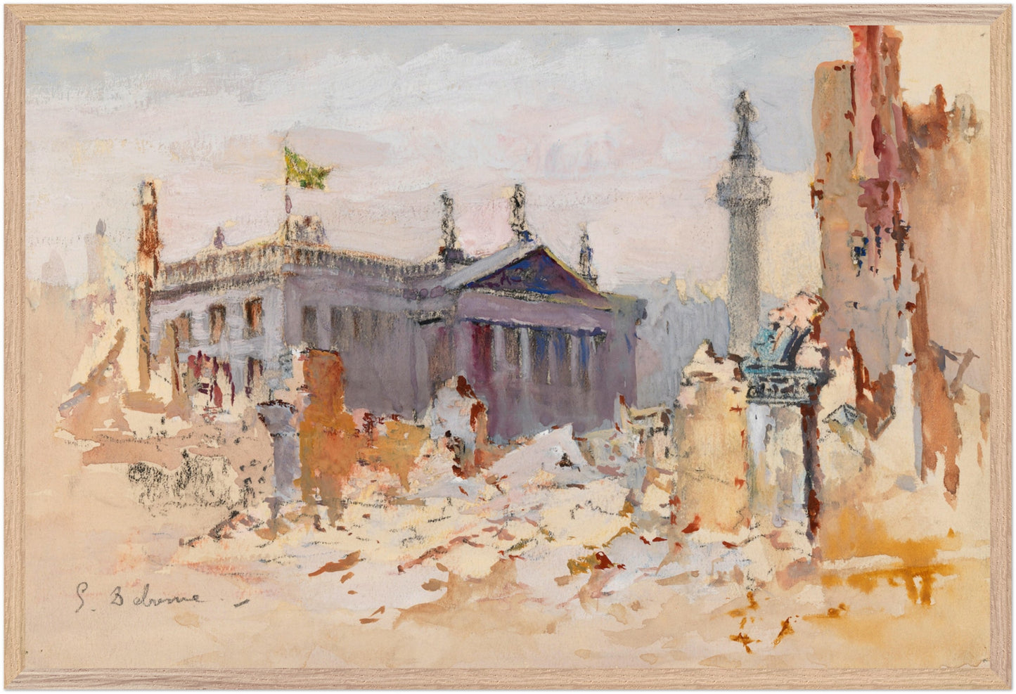 The Ruins of O’Connell Street, 1916, large framed Irish historical art print in wood gallery frame, 60×90 cm