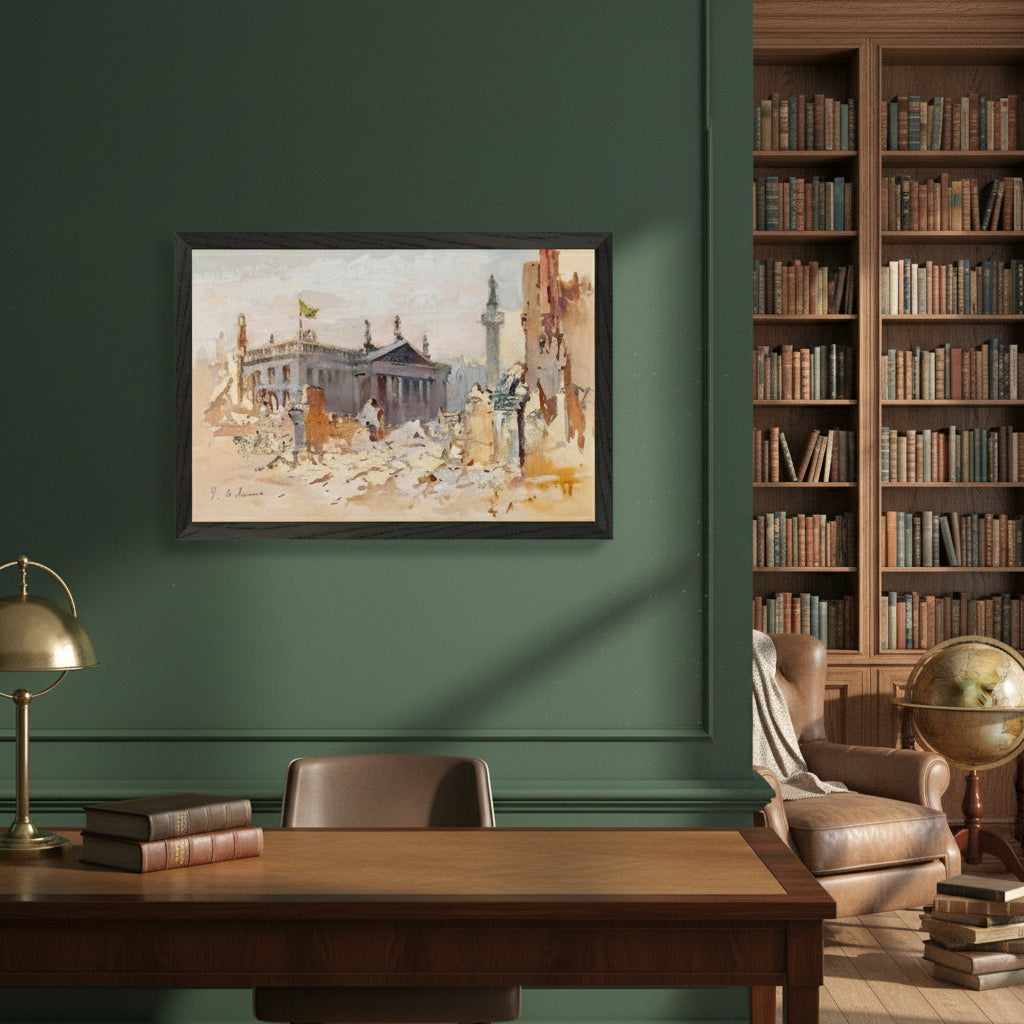 The Ruins of O’Connell Street, 1916 by Edmond Delrenne, museum-quality art print in a sleek black wooden frame, depicting the destruction of O’Connell Street after the Easter Rising. The framed print on the wall of an academic historian’s office, surrounded by shelves of books, an antique globe, and reading chair. Gentle warm lighting, subtle paper grain visible.