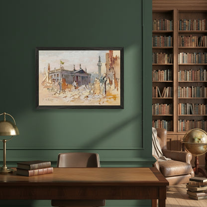 The Ruins of O’Connell Street, 1916 by Edmond Delrenne, museum-quality art print in a sleek black wooden frame, depicting the destruction of O’Connell Street after the Easter Rising. The framed print on the wall of an academic historian’s office, surrounded by shelves of books, an antique globe, and reading chair. Gentle warm lighting, subtle paper grain visible.