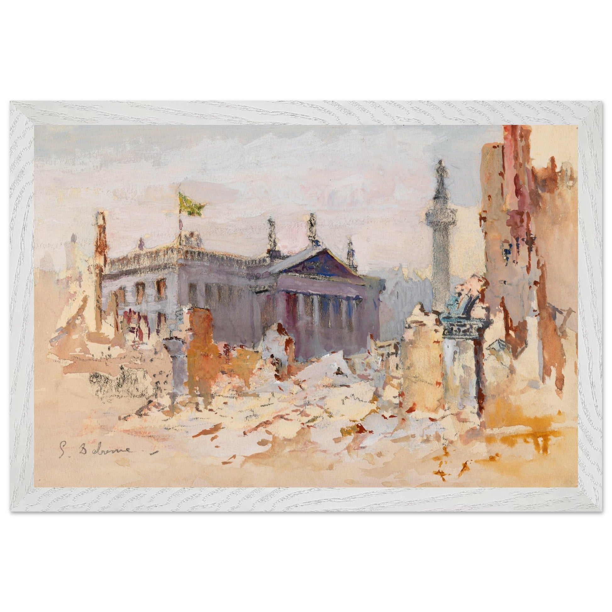 he Ruins of O’Connell Street, 1916 by Edmond Delrenne, art print in a modern white wooden frame, capturing the aftermath of the 1916 Easter Rising in Dublin.