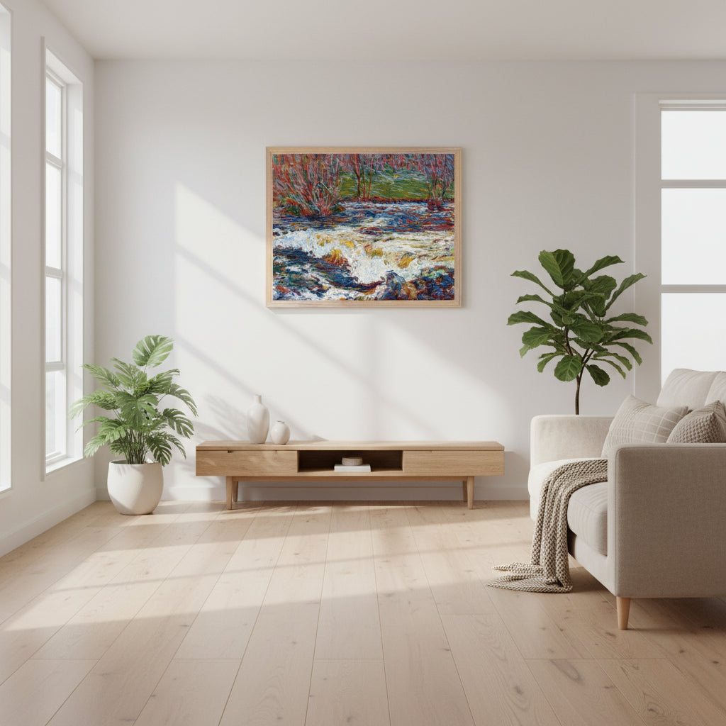 Roderic O’Conor The Rushing Stream framed in natural oak, displayed in a bright Scandinavian interior with white walls.