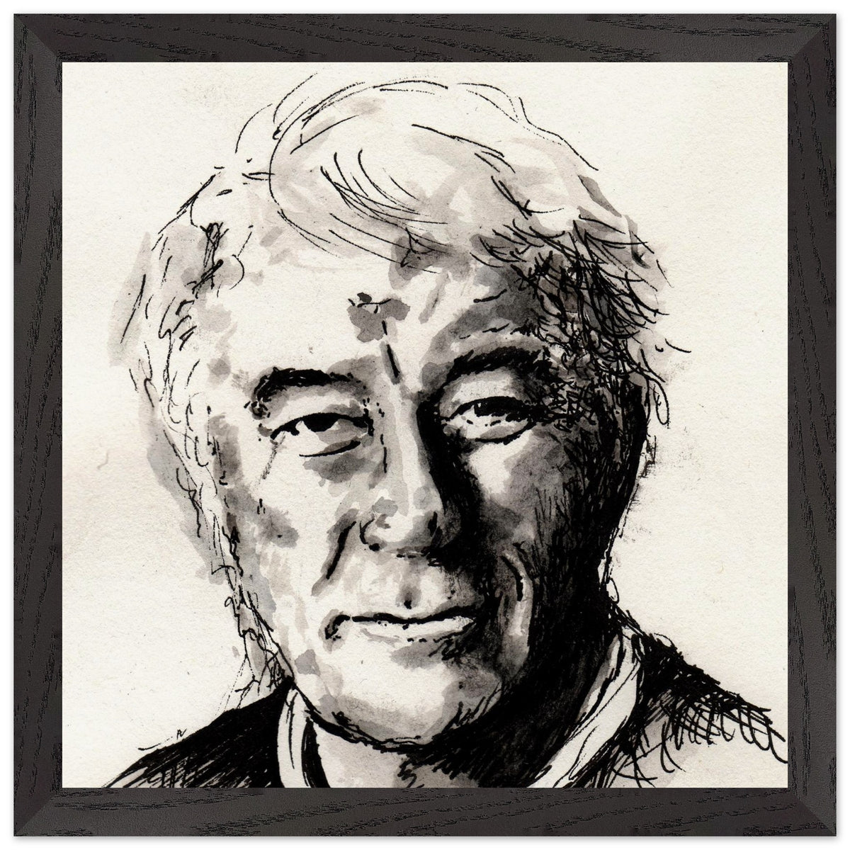 Seamus Heaney portrait The Squat Pen by Irish artist Ó Maoláin framed print, black gallery frame