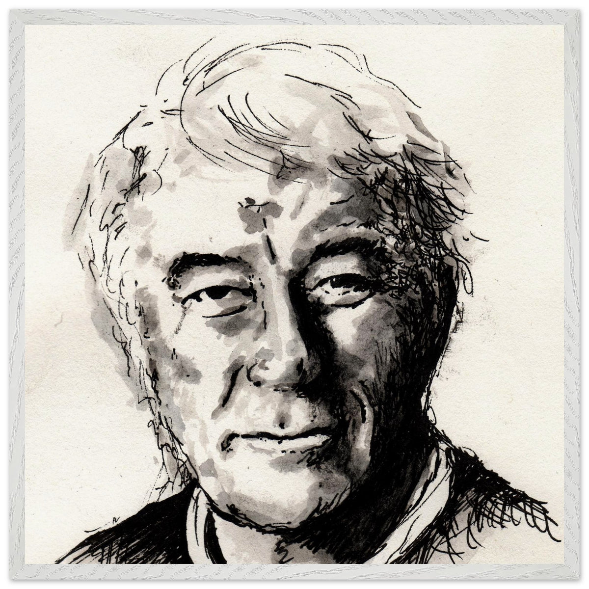 Seamus Heaney portrait The Squat Pen by Irish artist Ó Maoláin, extra large framed print, white frame