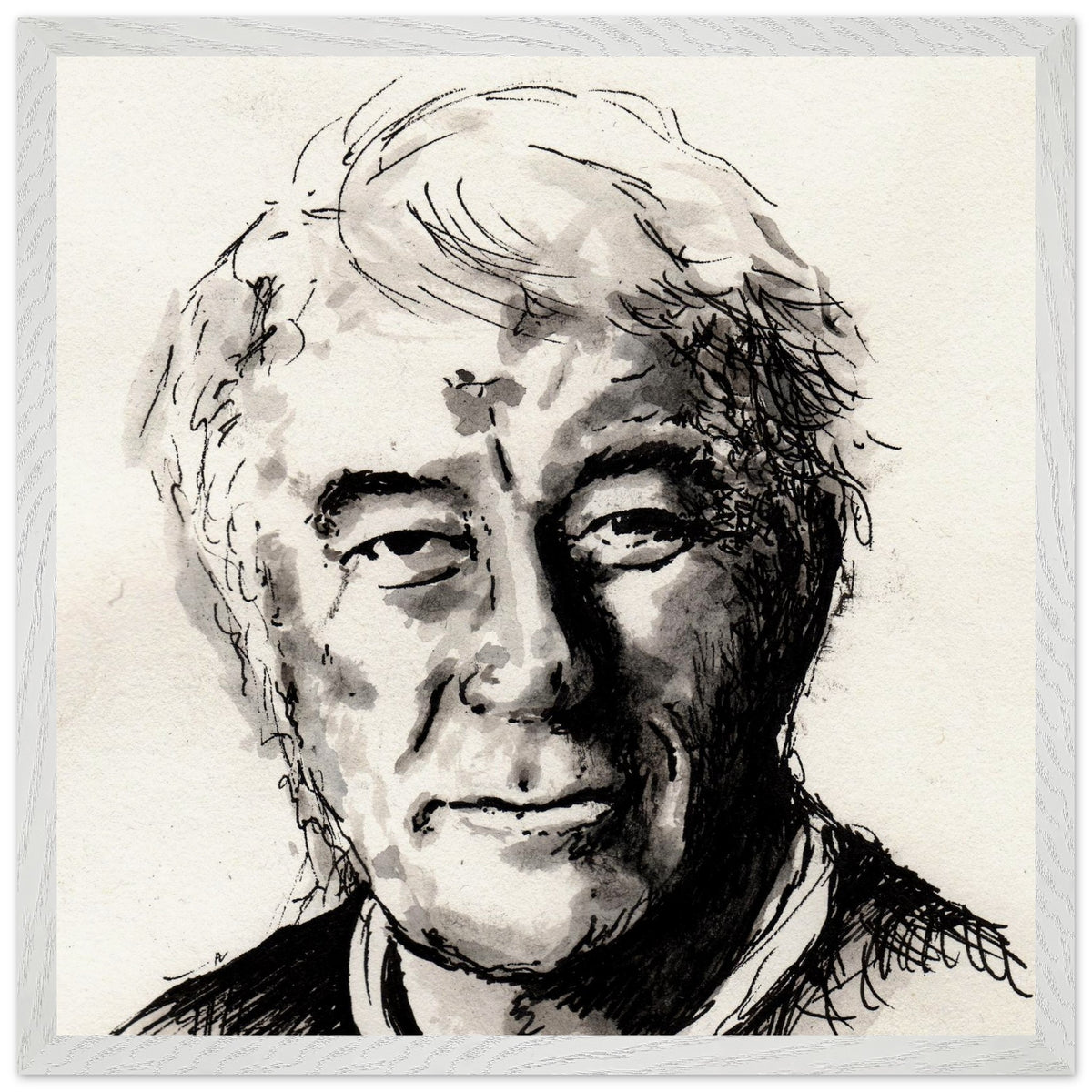 Seamus Heaney portrait The Squat Pen by Irish artist Ó Maoláin, large framed print, white gallery frame