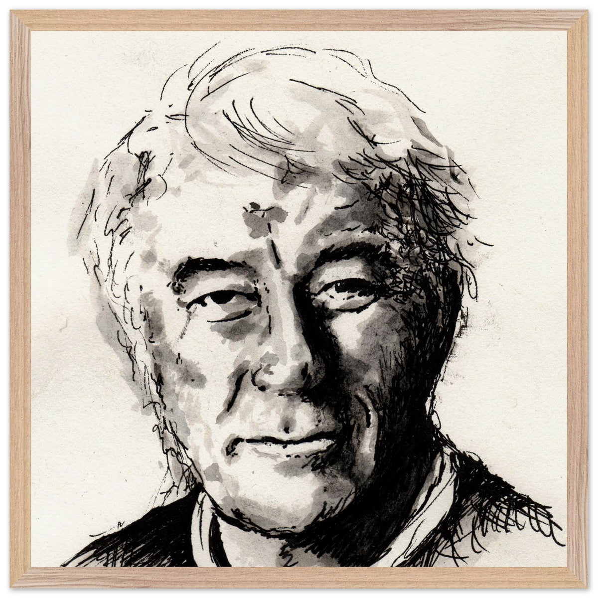 Seamus Heaney portrait The Squat Pen by Irish artist Ó Maoláin, large framed print, wood gallery frame