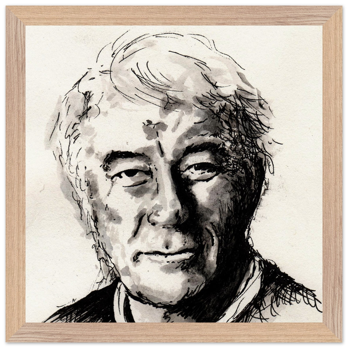 Seamus Heaney portrait The Squat Pen by Irish artist Ó Maoláin framed print, natural wood gallery frame
