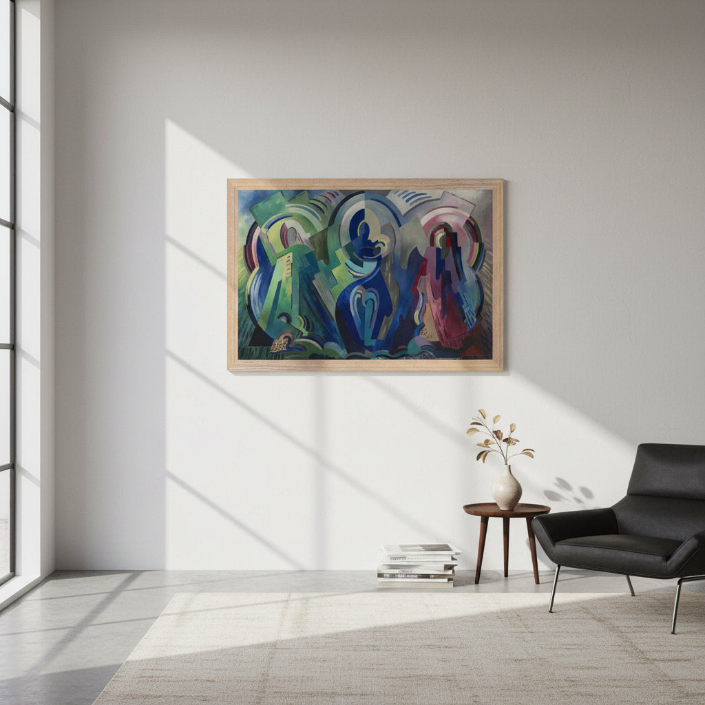 The Virgin of Éire by Mainie Jellett – natural wood framed Irish Modernist print Gallery wall setup featuring The Virgin of Éire in wood frame alongside other abstract works, clean white wall, natural daylight, modern collector’s studio apartment, high fidelity mock-up.

