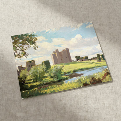 Trim Castle, County Meath (1938) by Dermod O’Brien – unframed art print, archival matte paper, Irish landscape painting print. 40×50 cm unframed archival print resting on light linen fabric. Soft natural daylight, gentle shadows, artisanal fine-art photography style.