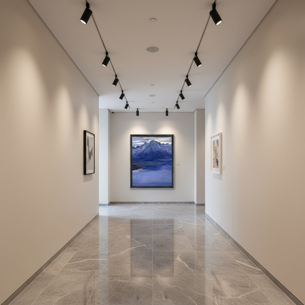 Twilight, Lake Geneva by Sir John Lavery displayed in minimalist gallery hallway