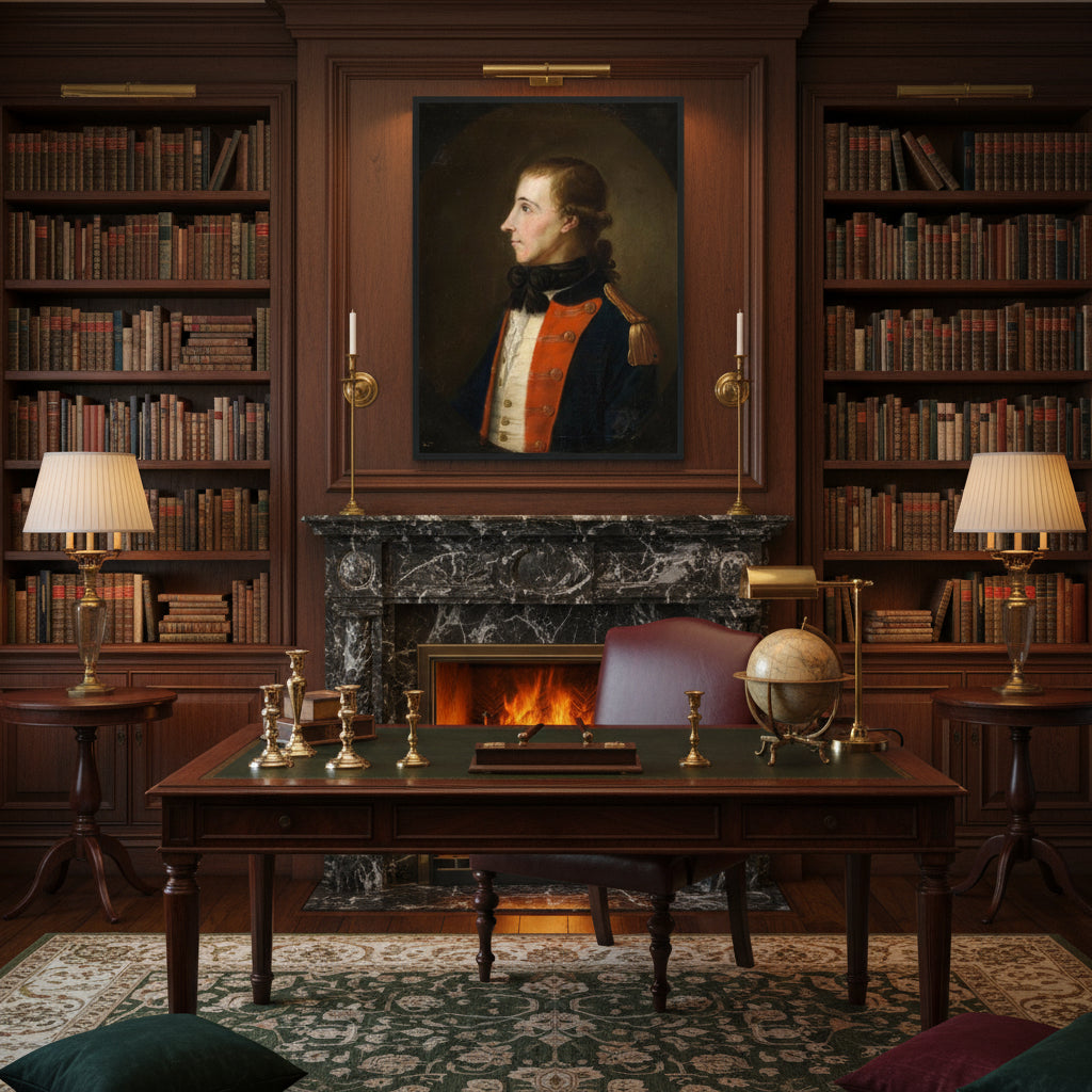 Portrait of Theobald Wolfe Tone displayed in a luxury wood-panelled library above marble fireplace, framed Irish heritage art print