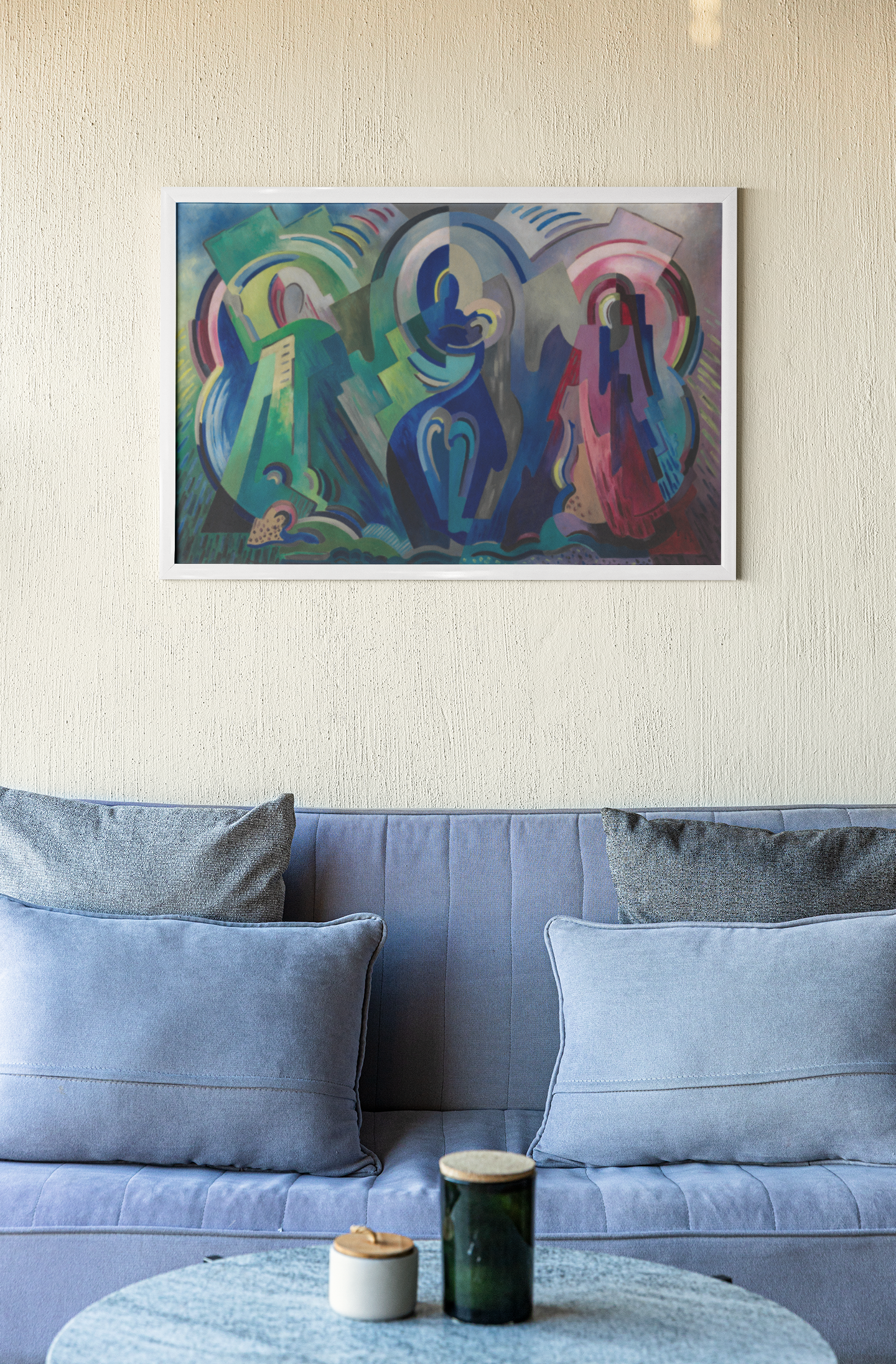 The Virgin of Éire print in living room setting – Irish modernist wall art decor Ireland